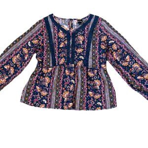 Art Class Peasant BOHO Top Lace Trim Floral Girls L 10/12 Blue 15K